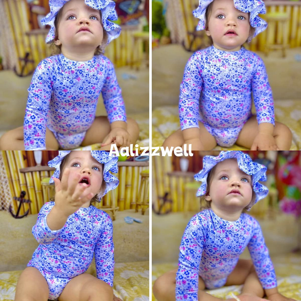6-12 Months Infant Baby Girls One Piece Long Sleeve Swimsuit Floral Bathing Suit Zip Up Swimwear Beach Wear Blue Flower