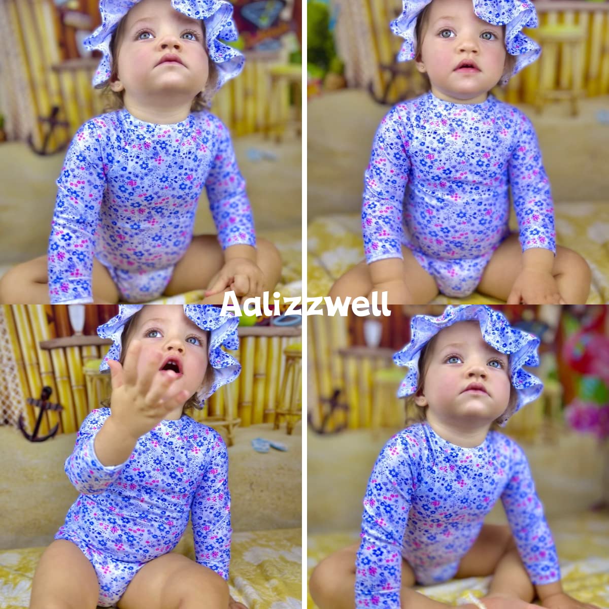 Newborn Infant Baby Girls One Piece Long Sleeve Swimsuit Floral Bathing Suit Zip Up Swimwear Beach Wear NB Blue Flower