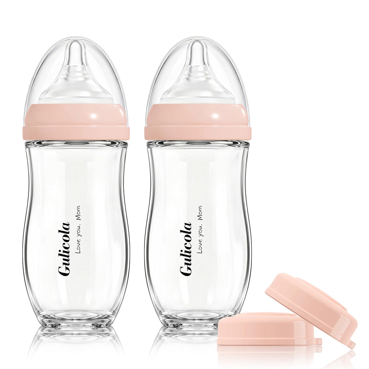 Gulicola Small Glass Baby Bottle for Newborn Breastfeeding Babies, Preemie & Extra Slow Flow Nipples (SS), Anti-Colic, Breast-Like, 0 Months+, 3 oz, 2 Pack - Pink