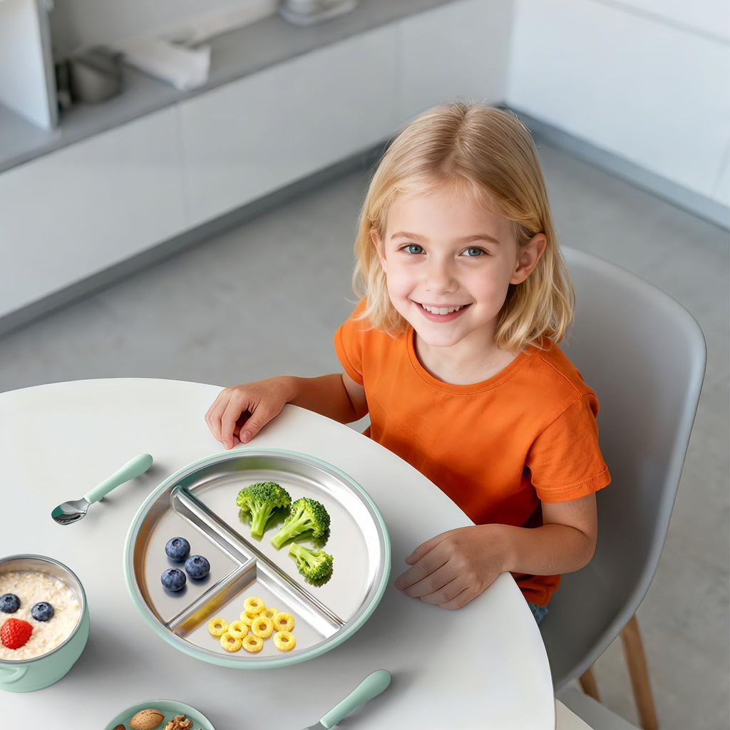 Bakpoco Stainless Steel Suction Plates for Toddlers, 9" Divided Kids Baby Plates with Removable Silicone Suction, Non Toxic Non Slip Portion Control Snack Dishes 4 Packs, Blue Green Gray Pink
