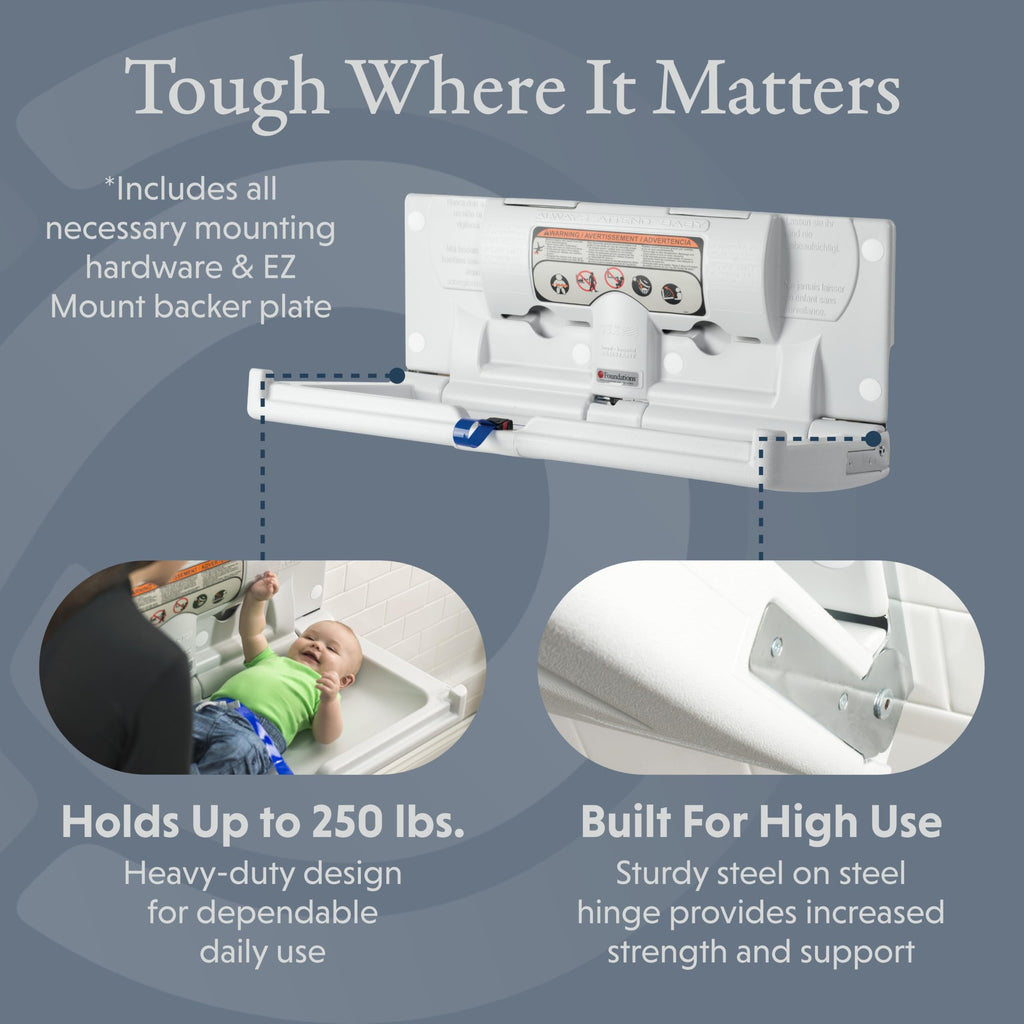 Foundations Classic Horizontal Baby Changing Station w/EZ Mount Backer Plate, Wall Mounted, One Handed Adjustable Safety Strap & Liner Dispenser, Gray (100-EH-BP)