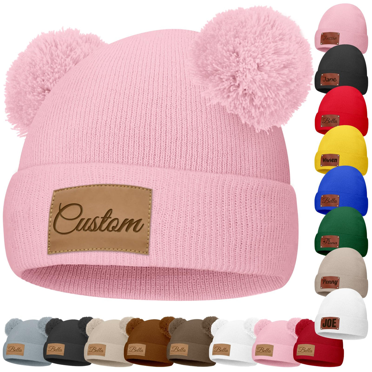 Custom Baby Beanies Personalized Toddler Winter Hats Name Leather Patch Kids Knit Warm Hat for Infant Boys Girls Adult Grey