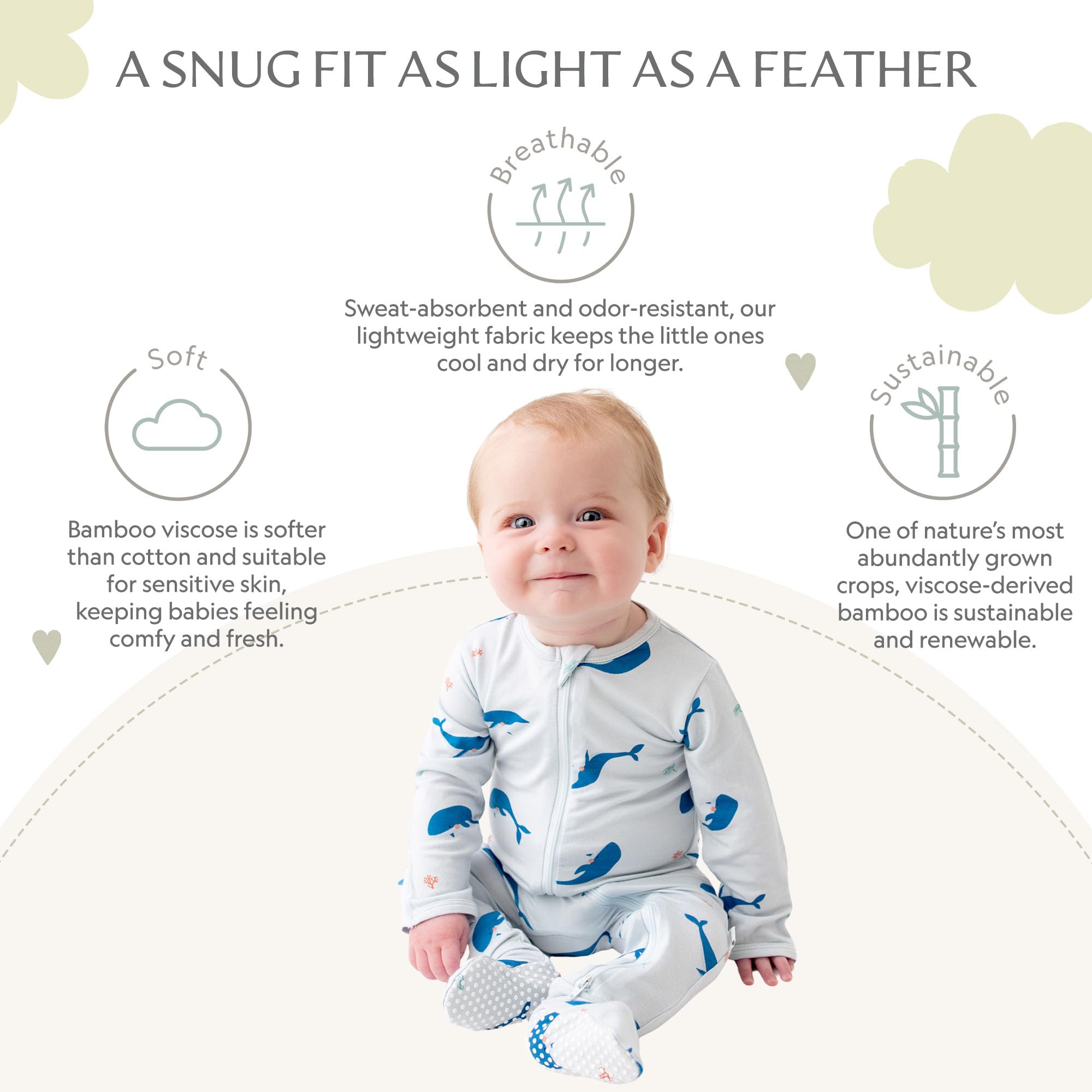 Bamboo Little Soft Baby Footie Pajamas, Baby Clothes, Newborn Sleepers, 95% Viscose and 5% Spandex, Whale, 3-6 Months