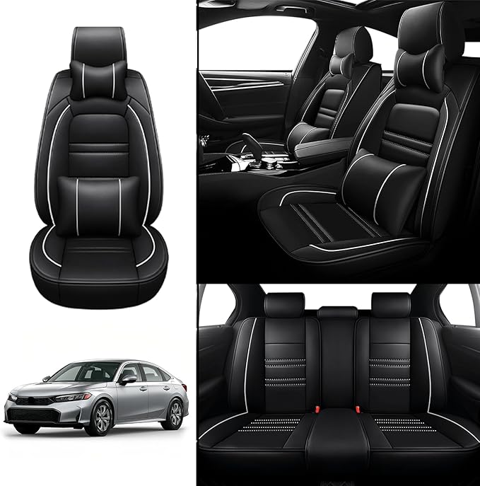 Car Seat Covers for Honda Civic 2001-2025 | 5-Seats Seat Covers, Waterproof Seat Protectors, Automotive Seat Covers (Full Set with Pillow,Black&White Line)