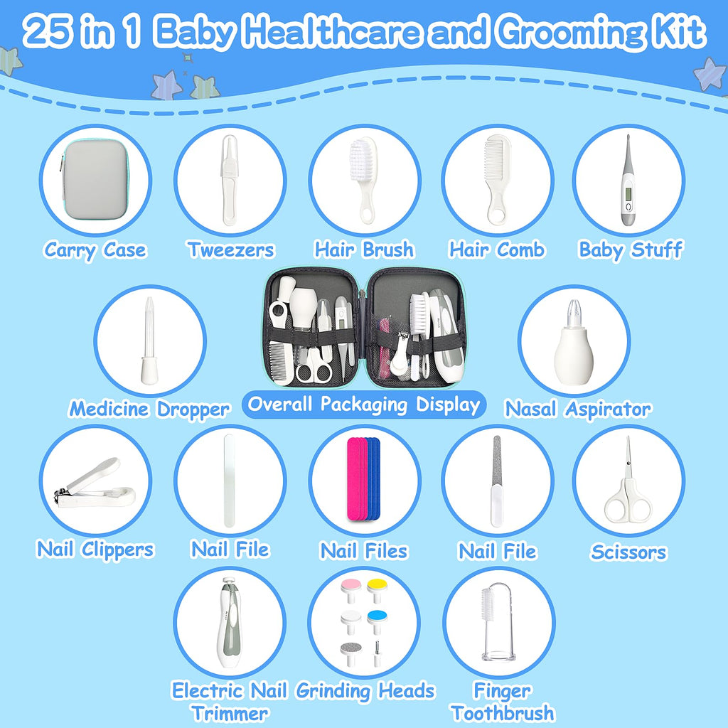 Baby Grooming Kit for Boys Girls Safety Newborn Nursery Essentials Grooming Set Gift for First-time Parents, Grey White 25 in 1