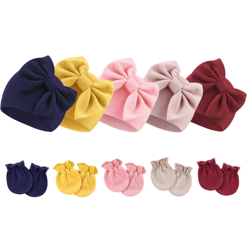 DRESHOW BQUBO Newborn Baby Girls Hats Mittens Set Hospital Hat Beanie Infant Bow Hats Baby Cotton Gloves No Scratch Mittens for 0-6 Months