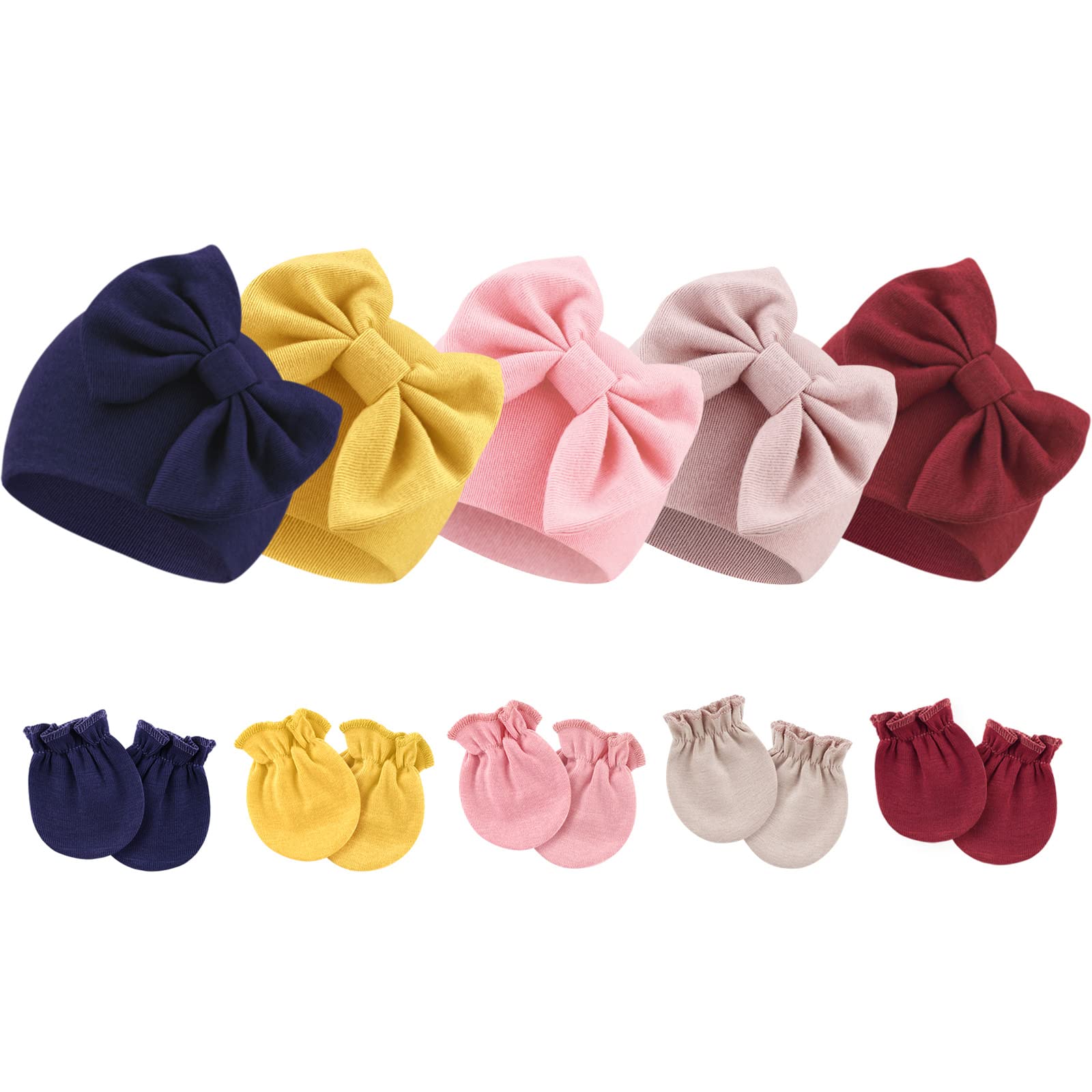 DRESHOW BQUBO Newborn Baby Girls Hats Mittens Set Hospital Hat Beanie Infant Bow Hats Baby Cotton Gloves No Scratch Mittens for 0-6 Months