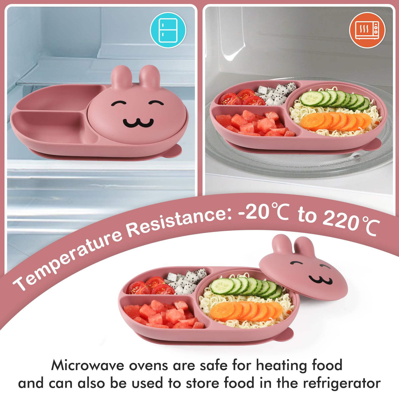 Silicone Baby Plate,Toddler plates,Self-feeding of infants after weaning, 100% Food Grade Silicone, BPA Free, Baby Dinnerware, Baby Plates With Suction, Divided Plate for Babies (pink)