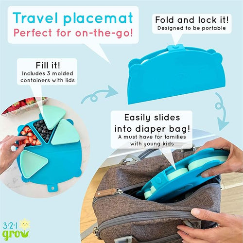 321 Grow Silicone On-The-Go Snack Mat – Foldable Reusable Placemat with 3 Compartments and Lids – Travel-Friendly Baby and Toddler Snack Plate – Dishwasher Safe (Ocean)