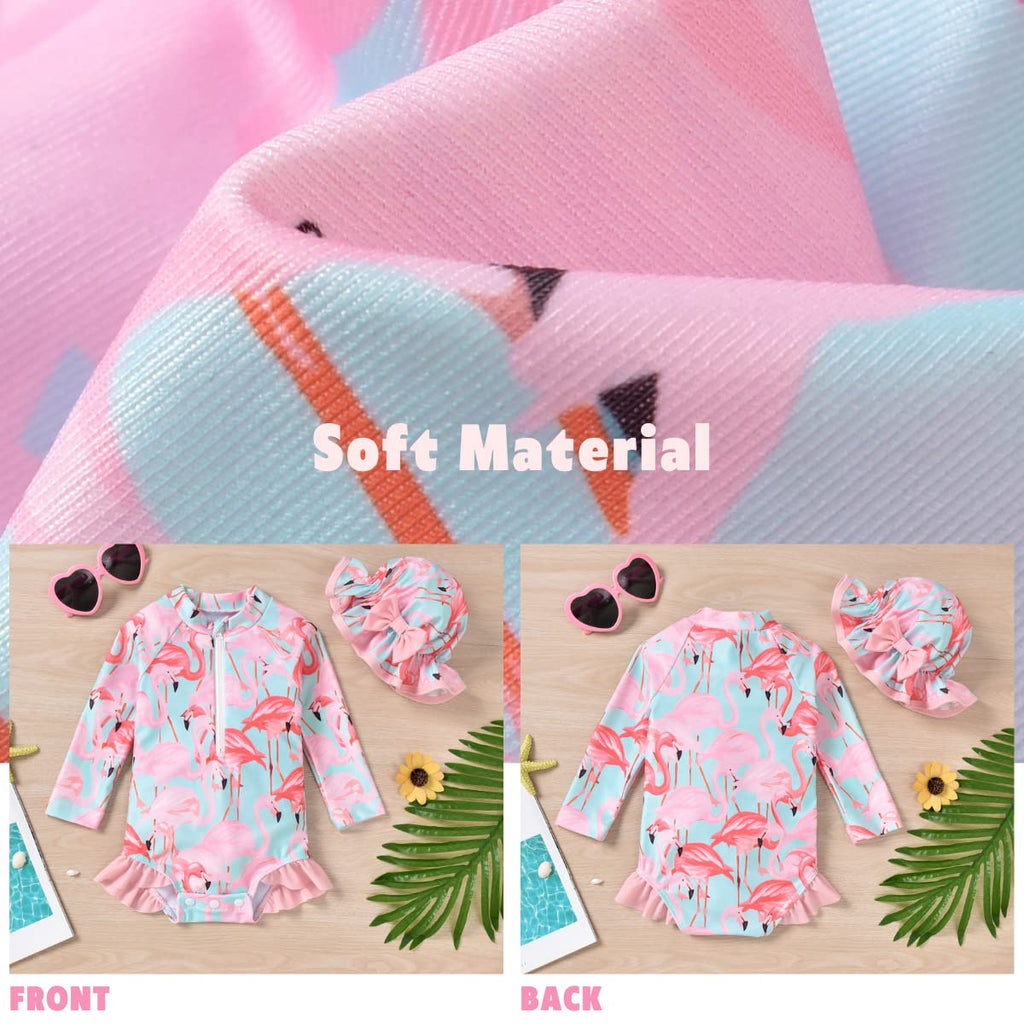 Infant Baby Girls One Piece Long Sleeve Swimsuit Flamingo Bathing Suit Zip Up Swimwear Beach Wear 3-6 Months Pink