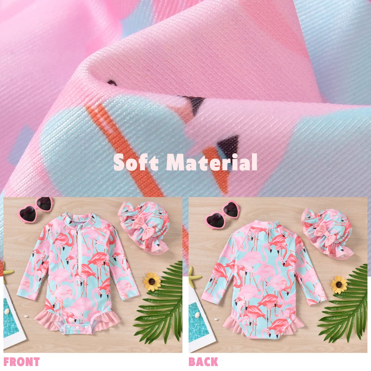 Infant Baby Girls One Piece Long Sleeve Swimsuit Flamingo Bathing Suit Zip Up Swimwear Beach Wear 3-6 Months Pink