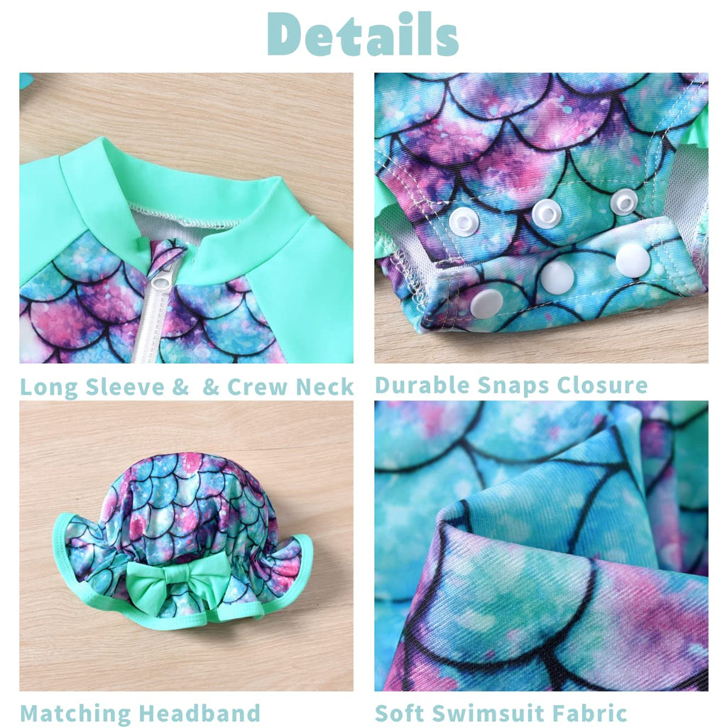 Newborn Infant Baby Girls One Piece Long Sleeve Swimsuit Mermaid Bathing Suit Zip Up Swimwear Beach Wear 0-3 Months Cyan
