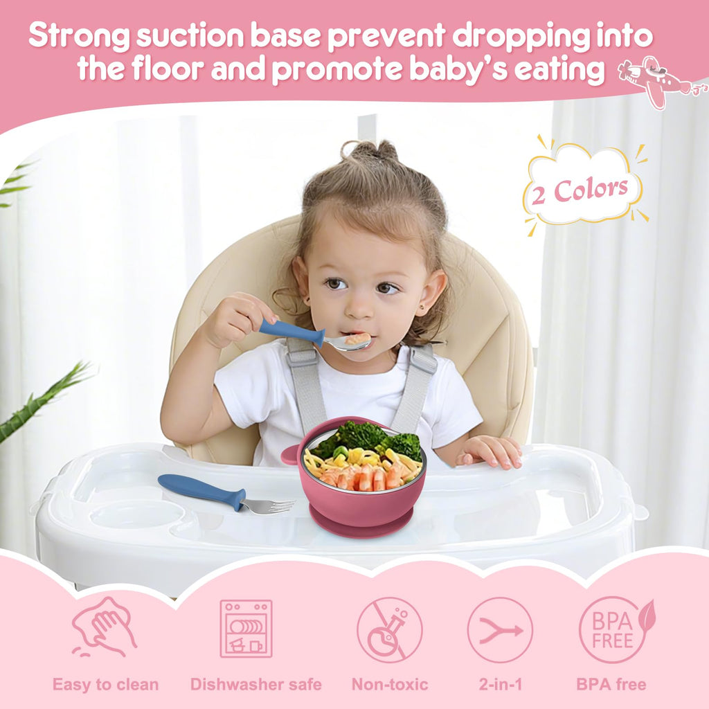 Wesketch 2 Pack Stainless Steel Baby Bowls with Suction, Toddler Bowls with Removable Silicone Shell for Kids, Non-Slip Toddler Baby Feeding Set Dishwasher Safe-Gray & Red