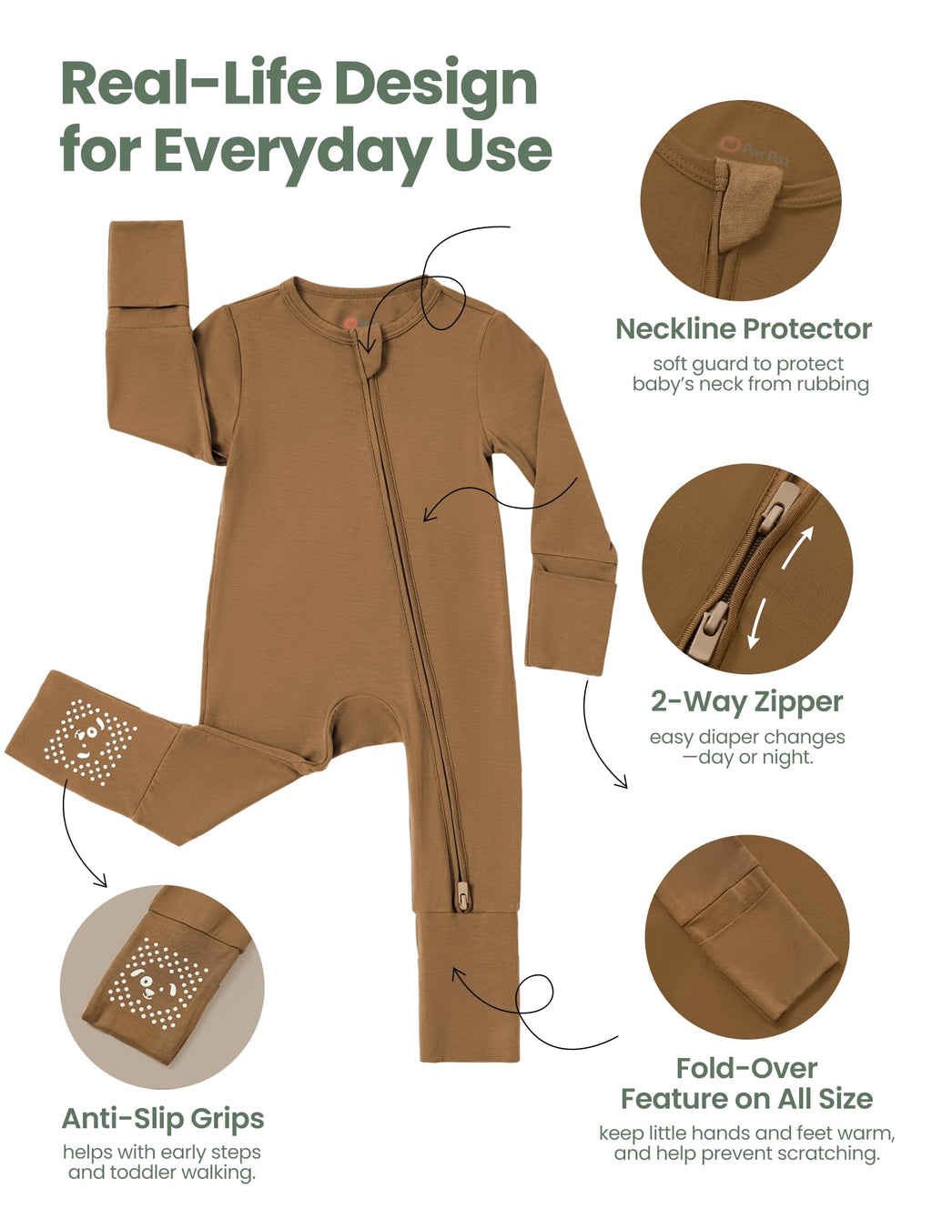 PATPAT 2-Pack Bamboo Viscose Baby Footie, with Anti-Slip Grips Brown Dog Newborn