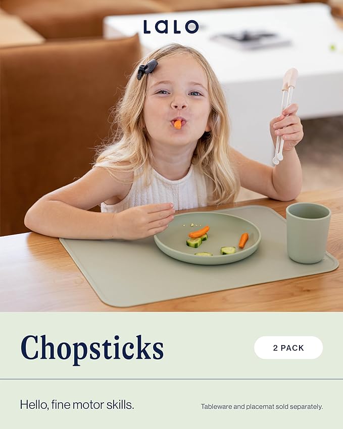 Lalo Chopsticks For Kids - Set of 2 Training Chopsticks Made of Silicone and Eco-Friendly Wheat Straw PP - Ages: 2 Years And Up - Easy to Clean & Dishwasher Safe - Sage