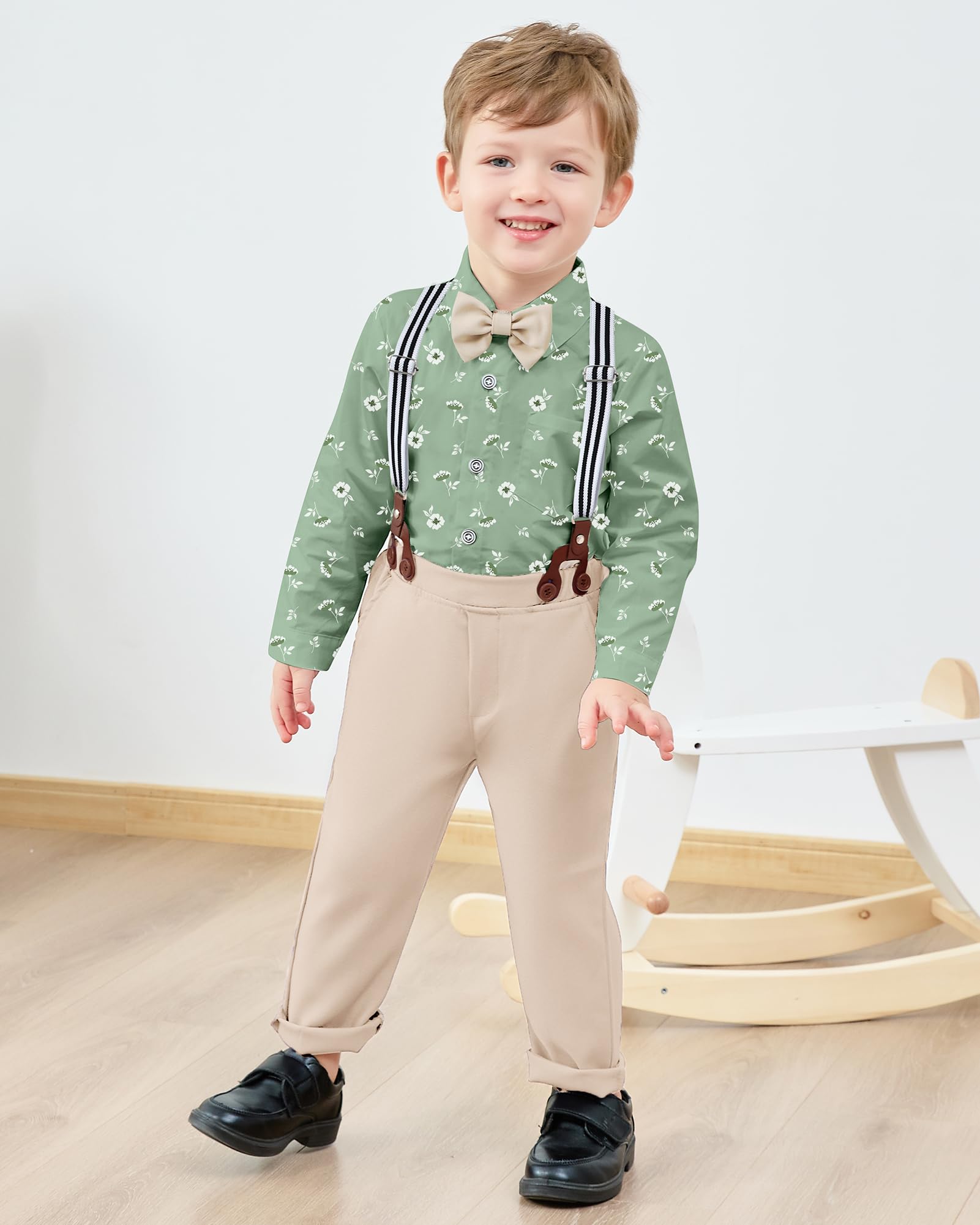 nilikastta Boy Dress Outfit Gentleman Wedding Outfits Beige Dress Shirt With Bowtie/Suspender Pants for Family Gatherings 8-9 Years
