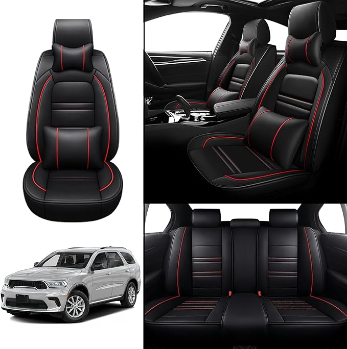 Car Seat Covers for Dodge Durango 2004-2025 | 5-Seats Seat Covers, Waterproof Seat Protectors, Automotive Seat Covers (Full Set with Pillow,Black&Red Line)