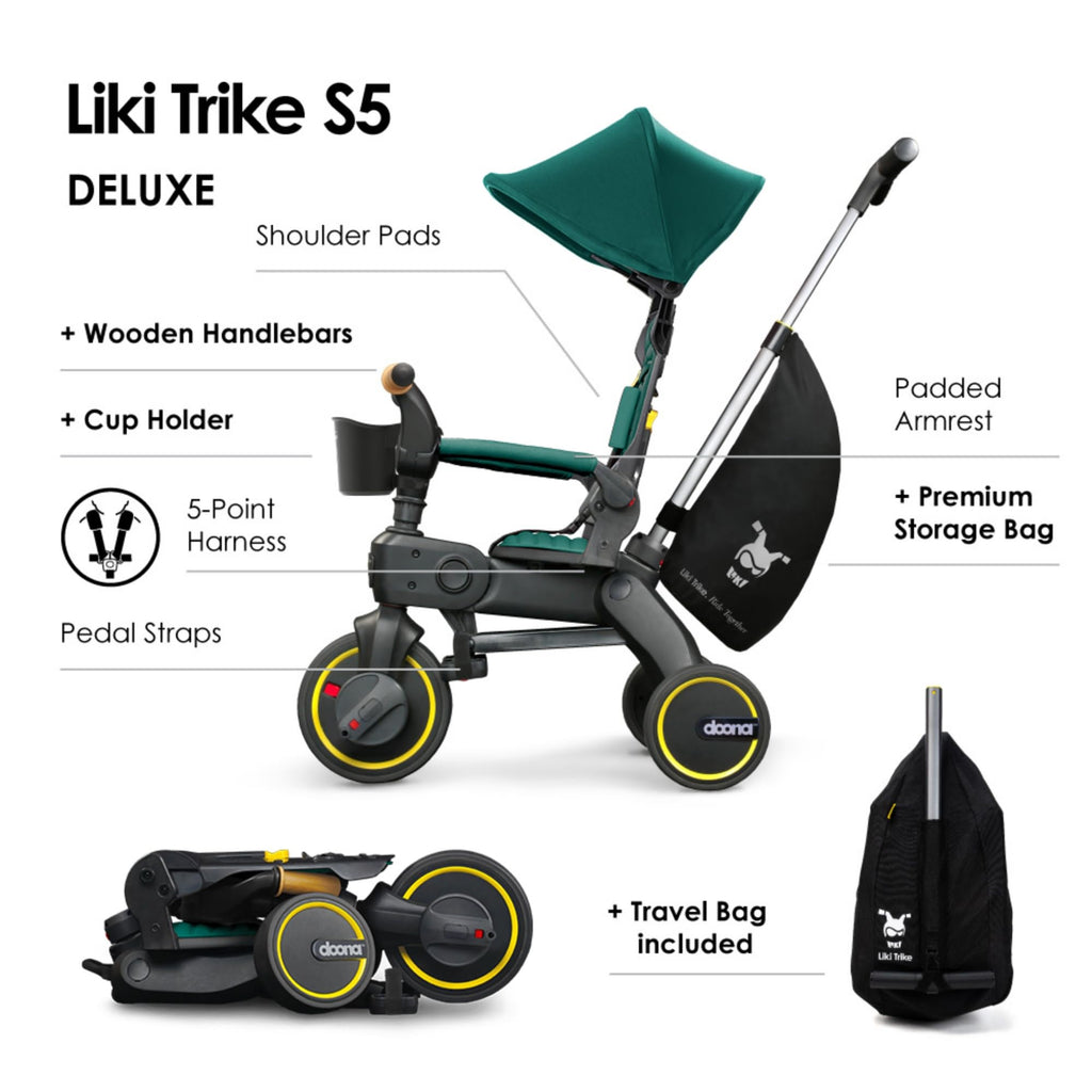 Doona Liki Trike S5, Racing Green - 5-in-1 Compact, Foldable Tricycle - Suitable for Toddlers 10 to 36 Months