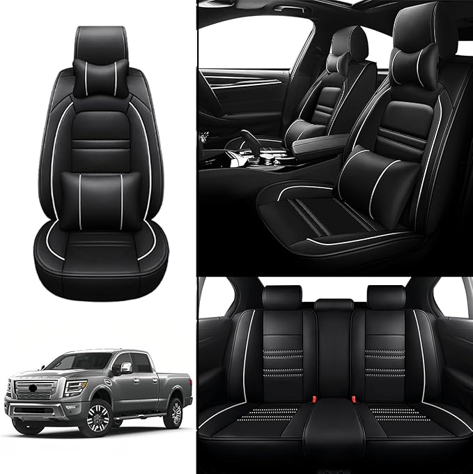 Car Seat Covers for Nissan Car Titan 2004-2024 | 5-Seats Seat Covers, Waterproof Seat Protectors, Automotive Seat Covers (Full Set with Pillow,Black&White Line)