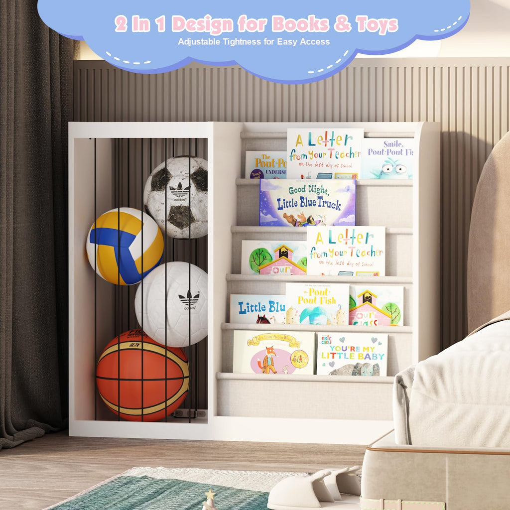 HedoAjim White Kids Bookshelf & Stuffed Animal Net Holder Plush Toy Storage Organizer Child Bookcase Toddler Baby Sling Book Rack for Playroom Bedroom Nursery Infant Boys Girls Classroom