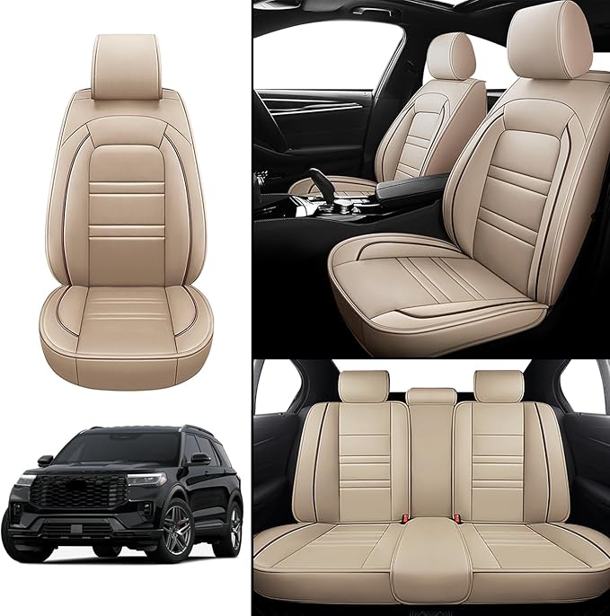 Seat Covers for Ford Explorer 2011-2025 | 5-Seats Leather Seat Covers, Easy to Install Automotive Seat Covers Full Set (Full Set, Beige)