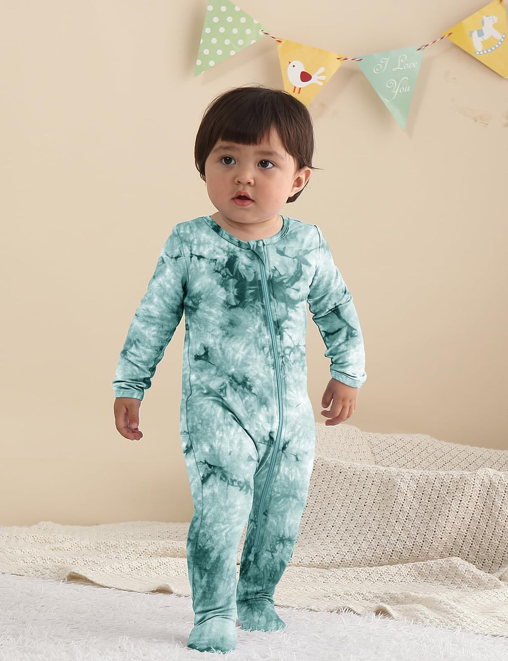 Jimonda Baby Girls Boys Bamboo Rayon Pajamas,Footed Pjs(Blue&Green&Co,18-24M)