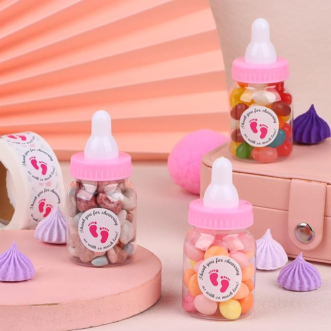 62 Pcs 3.5 Inch Baby Mini Milk Bottle Baby Shower Favor with 500 Adhesive Thank You for Showering Stickers, Small Plastic Candy Bottle DIY Gift for Boy Girl Newborn Baptism Party Decor (Pink)