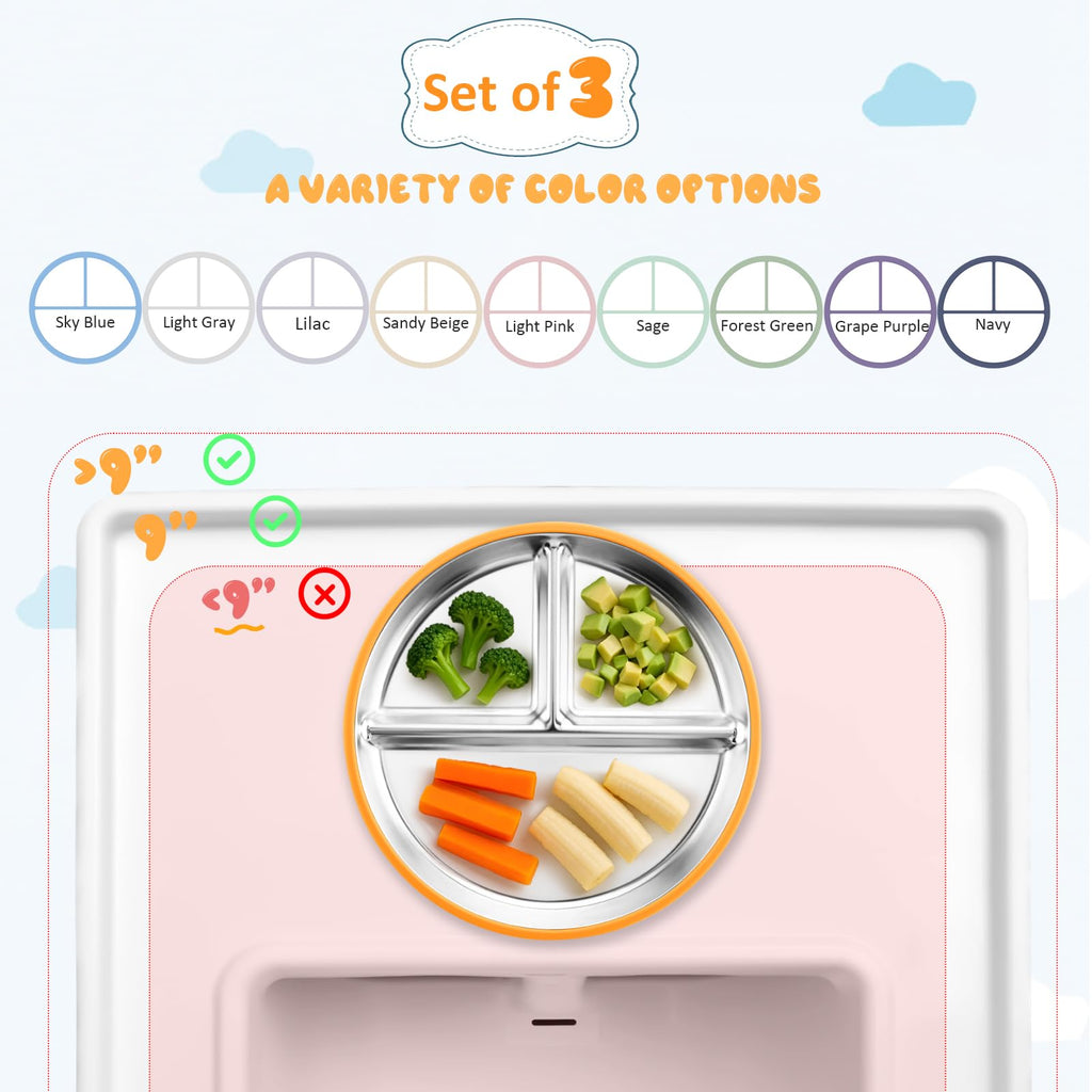 Bakpoco Stainless Steel Suction Plates for Toddlers, 9" Divided Kids Baby Plates with Removable Silicone Suction, Non Toxic Non Slip Portion Control Snack Dishes 3 Packs, Bright Orange/Blue/Green
