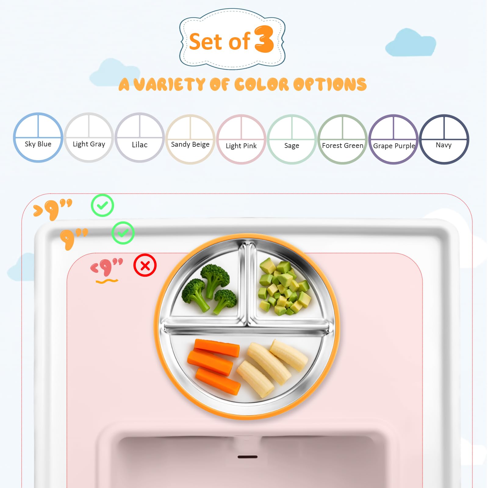 Bakpoco Stainless Steel Suction Plates for Toddlers, 9" Divided Kids Baby Plates with Removable Silicone Suction, Non Toxic Non Slip Portion Control Snack Dishes 3 Packs, Bright Orange/Blue/Green