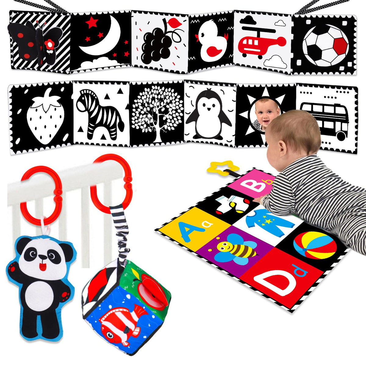 4 PCS Black and White High Contrast Baby Toys 0-3-6 Months Newborn Essential Toy for Babies Crinkle Sensory Book Brain Development Tummy Time Mirror Infant Carseat Rattle Shower Easter Gifts Boy Girl