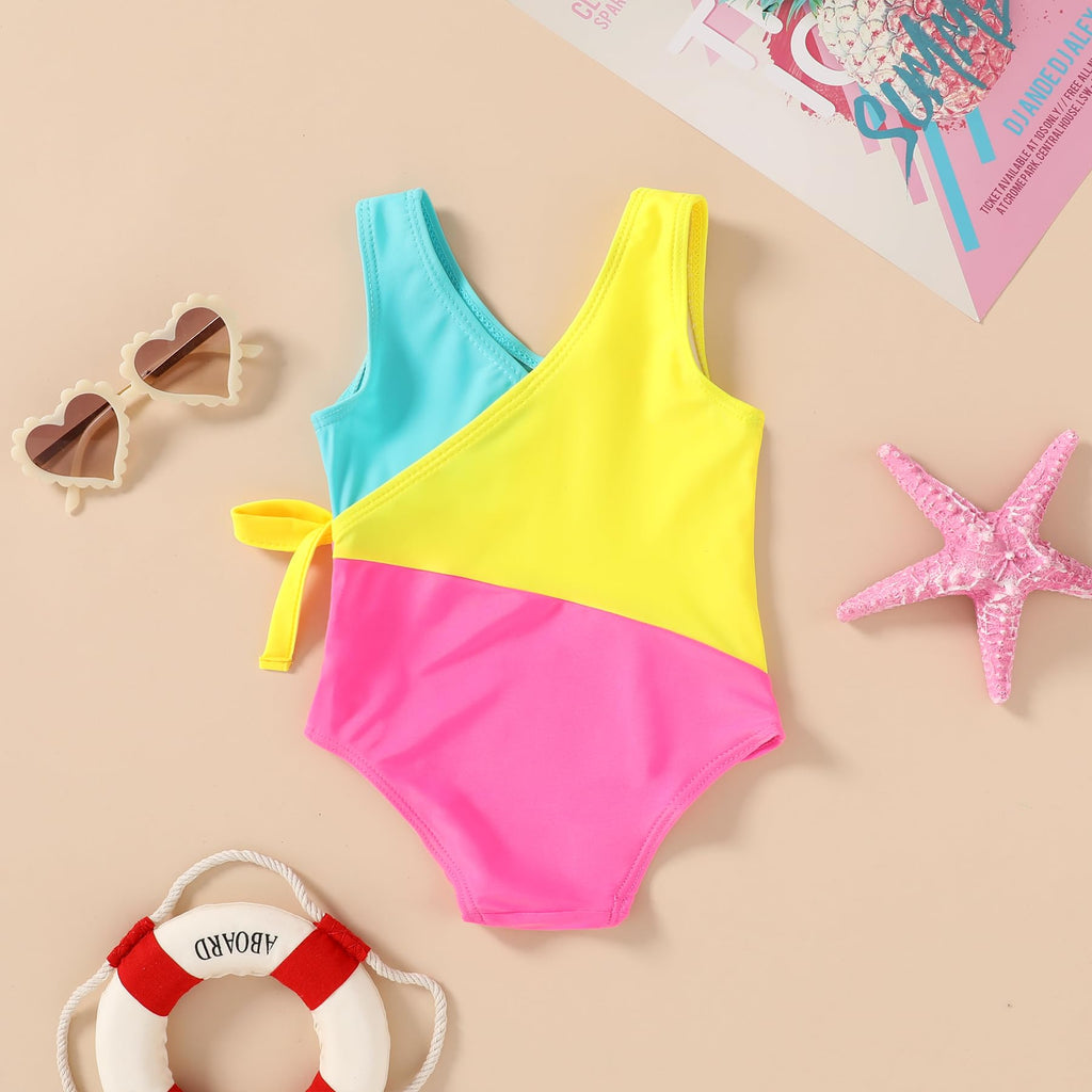 Happy Town Toddler Swimsuit Girl One Piece Bathing Suit Color Block Swimwear Baby Summer Beach Wear(5-6 Years,Blue Yellow Pink)