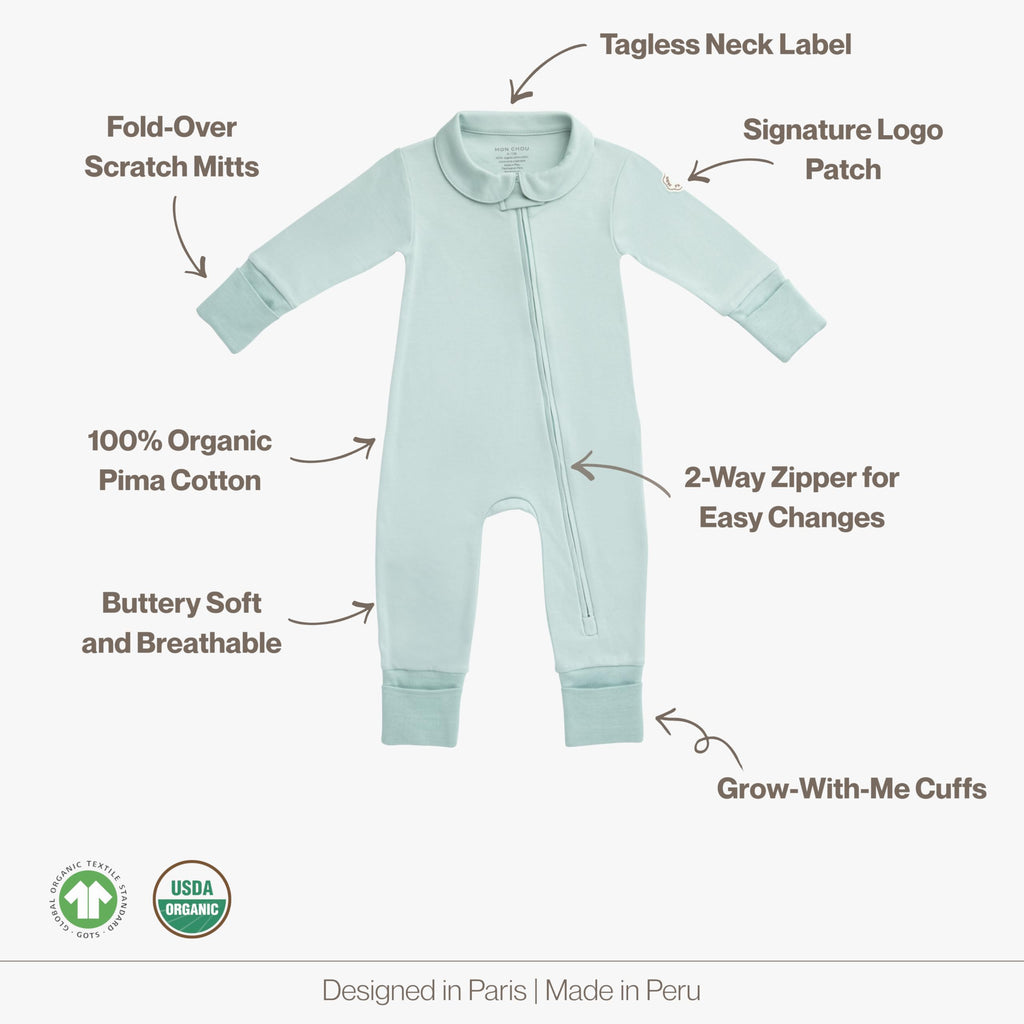 MON CHOU 100% Organic Pima Cotton Baby Pajamas – Snug Fit Long Sleeve Fold-Over Mittens & Convertible Footie with 2-Way Zipper for Boys & Girls, Sizes 0–18M (Meadow, 9-12 Months)