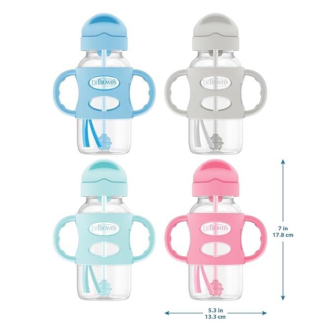 Dr. Brown's Milestones Wide-Neck Sippy Straw Bottle with 100% Silicone Handles and Weighted Straw, 9 oz/270 mL, Gray & Pink, 6m+, 2 Count (Pack of 1)