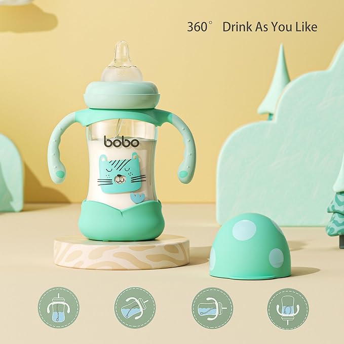YOHKOH Natural Glass Baby Bottle with Natural Response Nipple, Wide Neck Baby Bottles with Handle, Newborn Anti-Colic Baby Bottles Gift Set, Clear (5.4oz (Pack of 2), Blue)