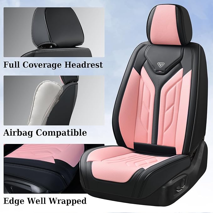 Coverado Car Seat Covers Full Set, Car Seat Protectors Leather Seat Covers for Cars, Automotive Seat Covers Car Accessories Universal Fit for Most Sedans SUV Pick-up Truck(Black&Pink)