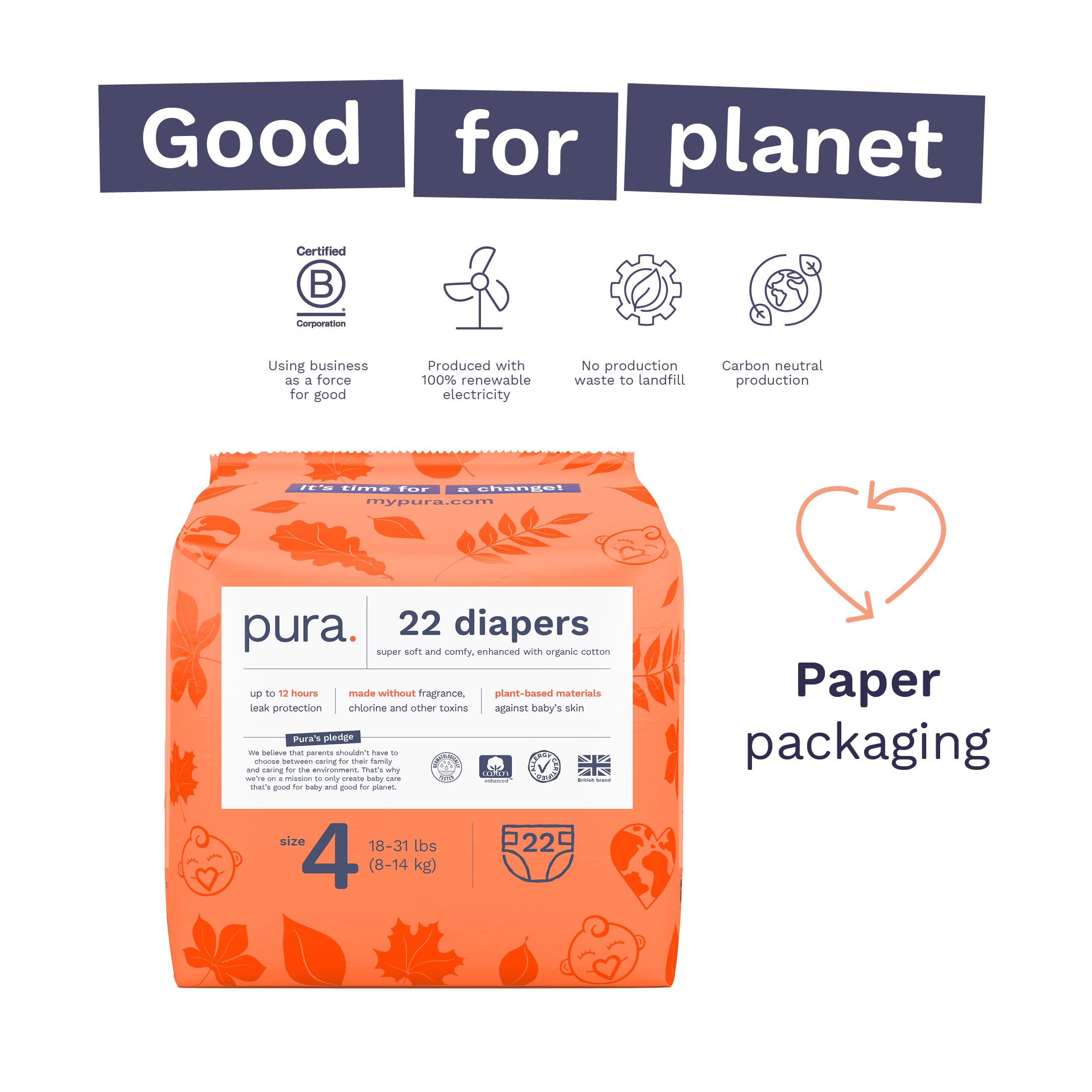 Pura Size 4 Eco-Friendly Diapers (18-31lbs) Totally Chlorine Free (TCF) Hypoallergenic, Soft Organic Cotton, Sustainable Comfort, up to 12 Hours Leak Protection, Allergy UK, 22 Diapers (Pack of 1)