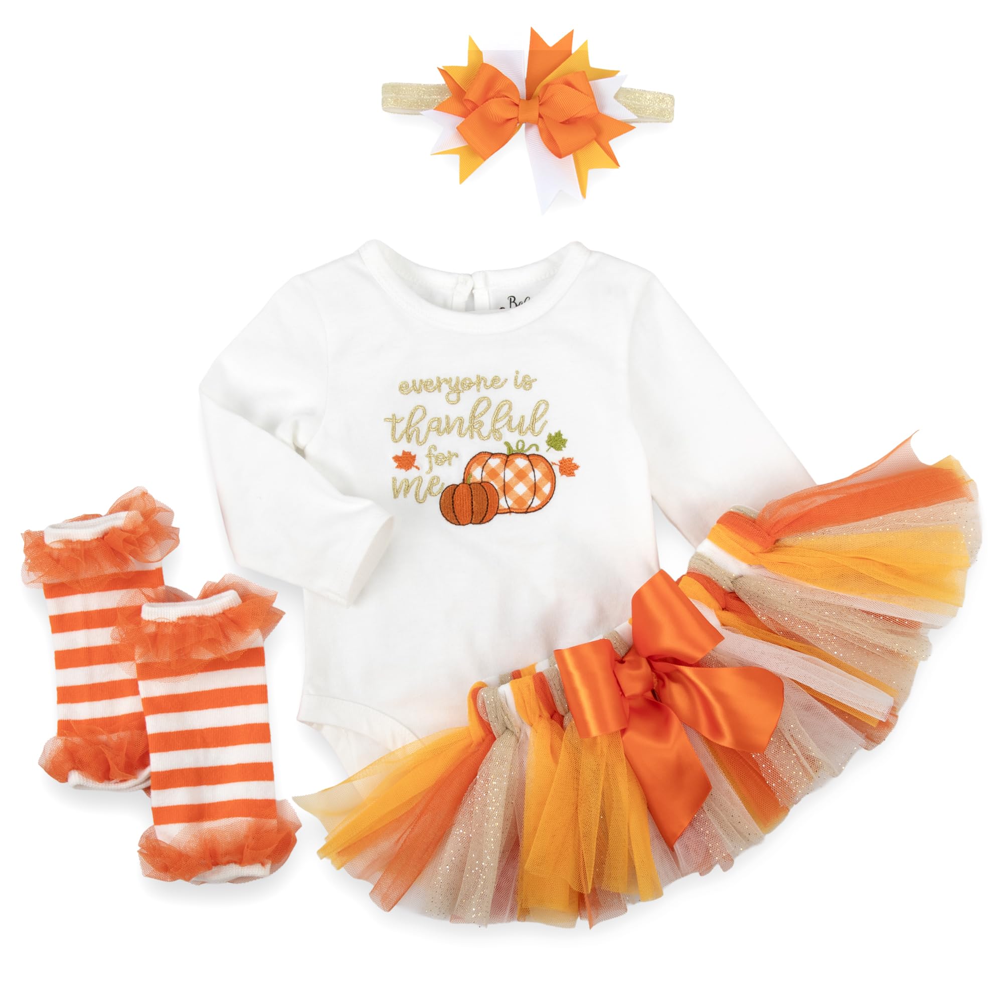 Baby Girl Thanksgiving Outfit 4-Piece Set – Bodysuit, Striped Pants, Tutu Skirt & Bow Headband – Infant Friendsgiving (9 months)