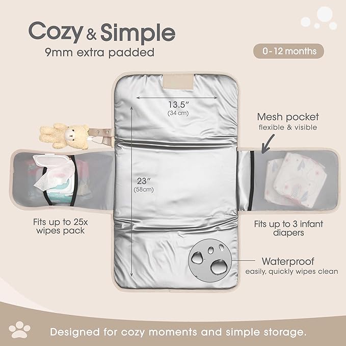 J&Joo Portable Diaper Changing Pad - Ultra Soft, Extra Padded, Waterproof Baby Changer Travel Essential, EZ Access Mesh Pockets, Gift for Baby Shower, Newborn Girls and Boys, 0-12 Months