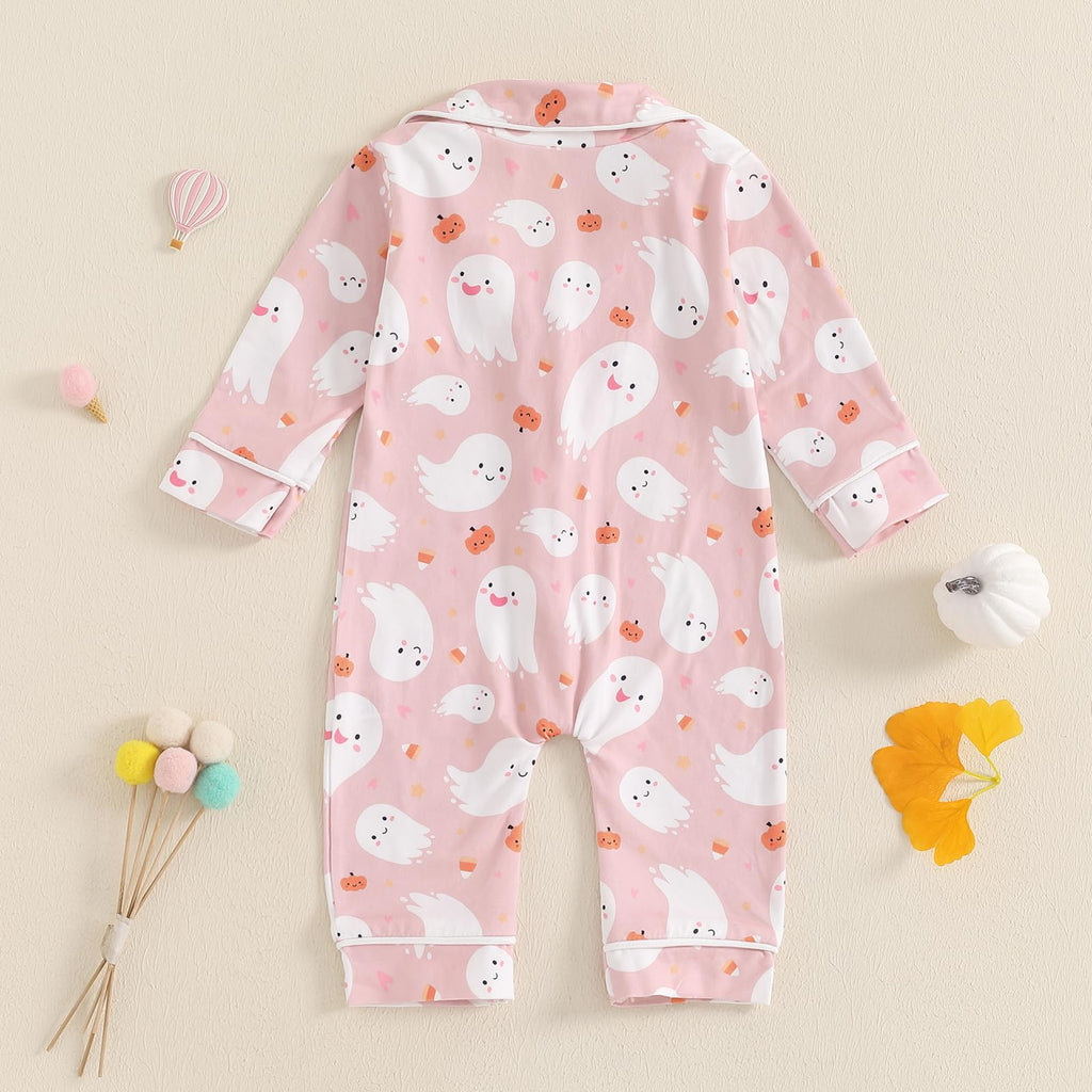 Balaflyie Baby Girl Button Down Pajamas Romper One-Piece Jumpsuit Long Sleeve Sleeper Infant Sleepwear (Ghost&Pink,18-24 Months)
