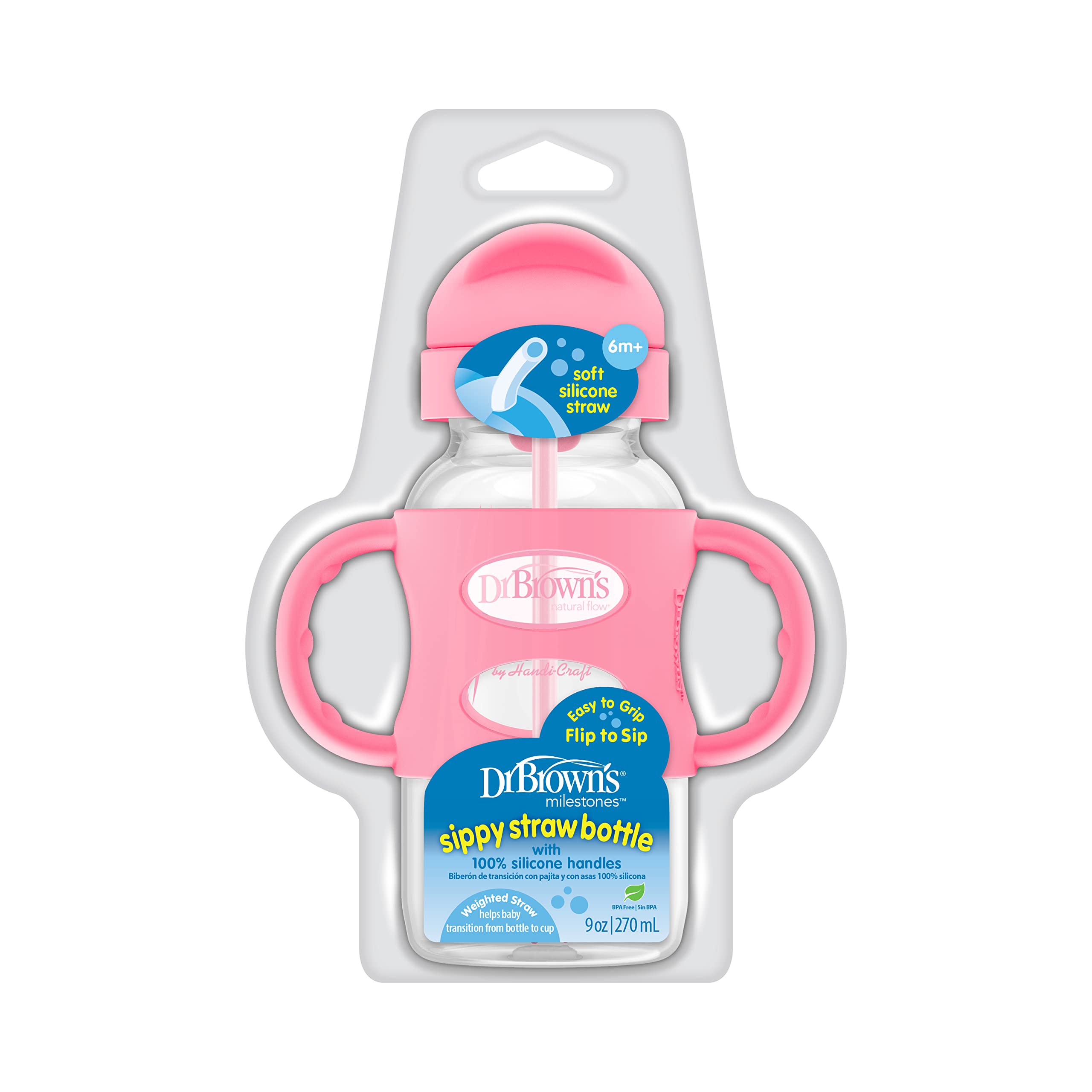 Dr. Brown's Wide-Neck Sippy Straw Bottle with Handles, Pink, 9oz/270ml, 1-Pack