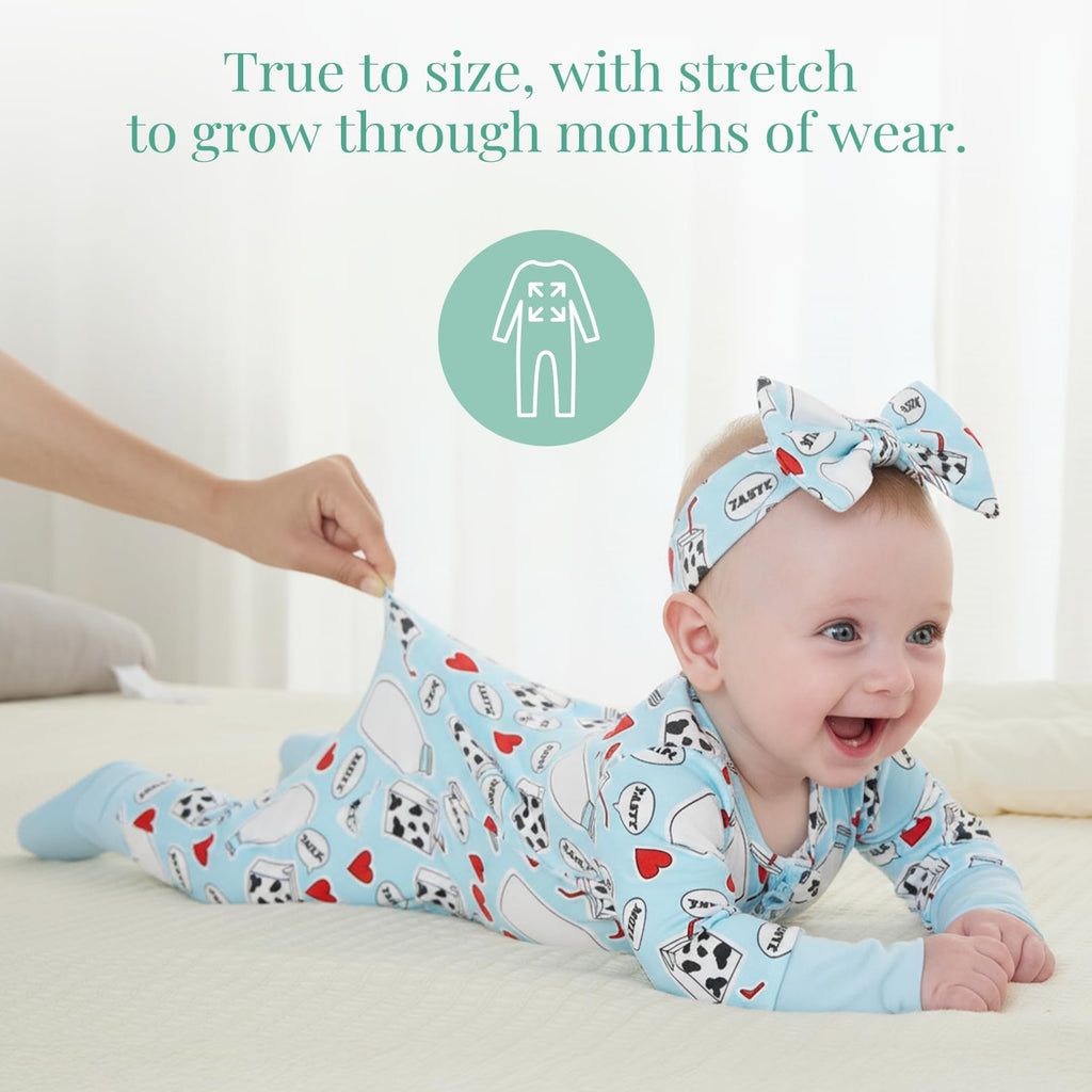 PATPAT Baby Girl Infant Clothes Footie – Soft Viscose from Bamboo, Stretch Feel – 2-Way Ruffled Zipper, Fold-Over Mittens & Cuffs Sweet Milks 9-12 Months