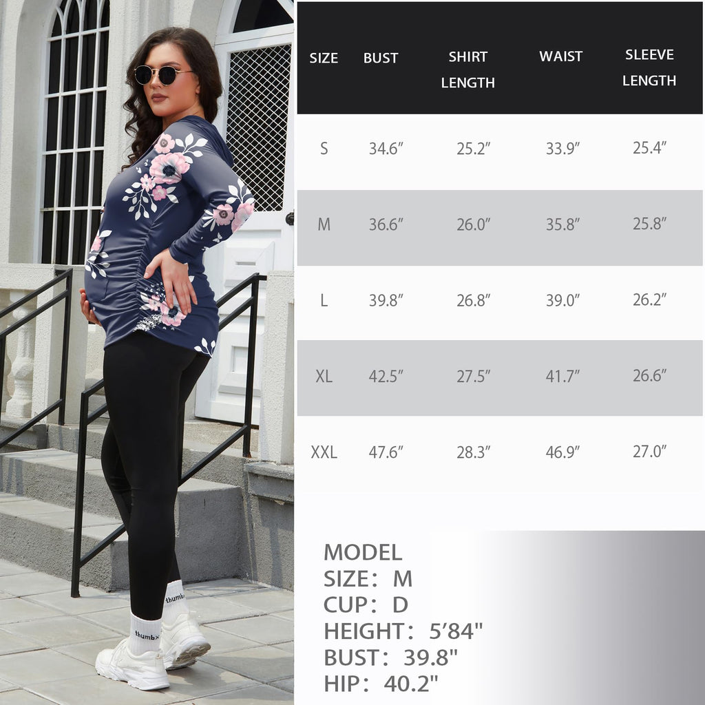 Women's Maternity Hoodie Sweatshirt Long Sleeves Maternity Tops Casual Clothes,Blue with Pink Flower,Small