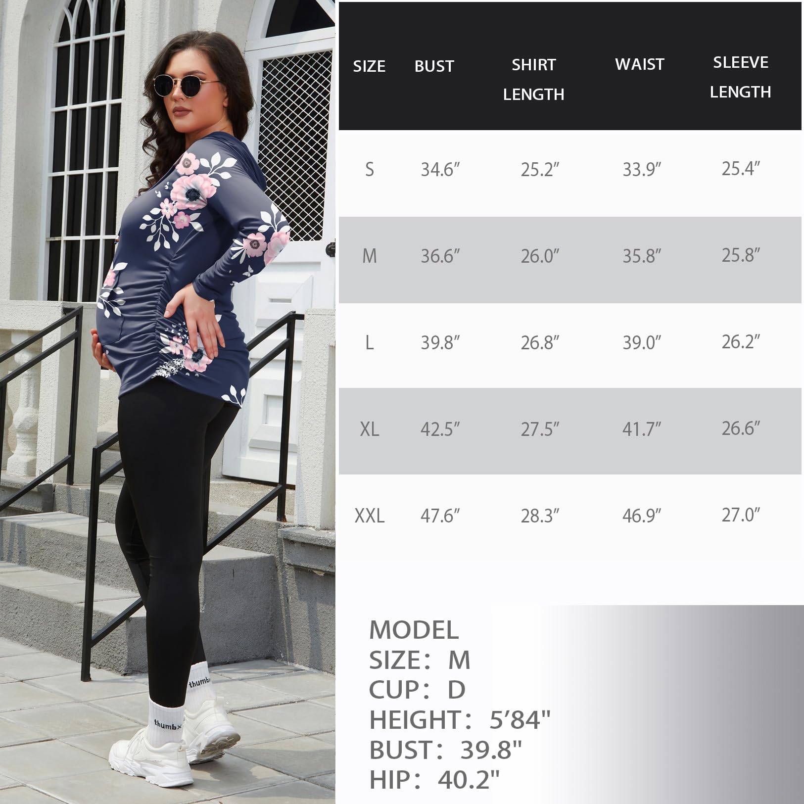 Women's Maternity Hoodie Sweatshirt Long Sleeves Maternity Tops Casual Clothes,Blue with Pink Flower,Large