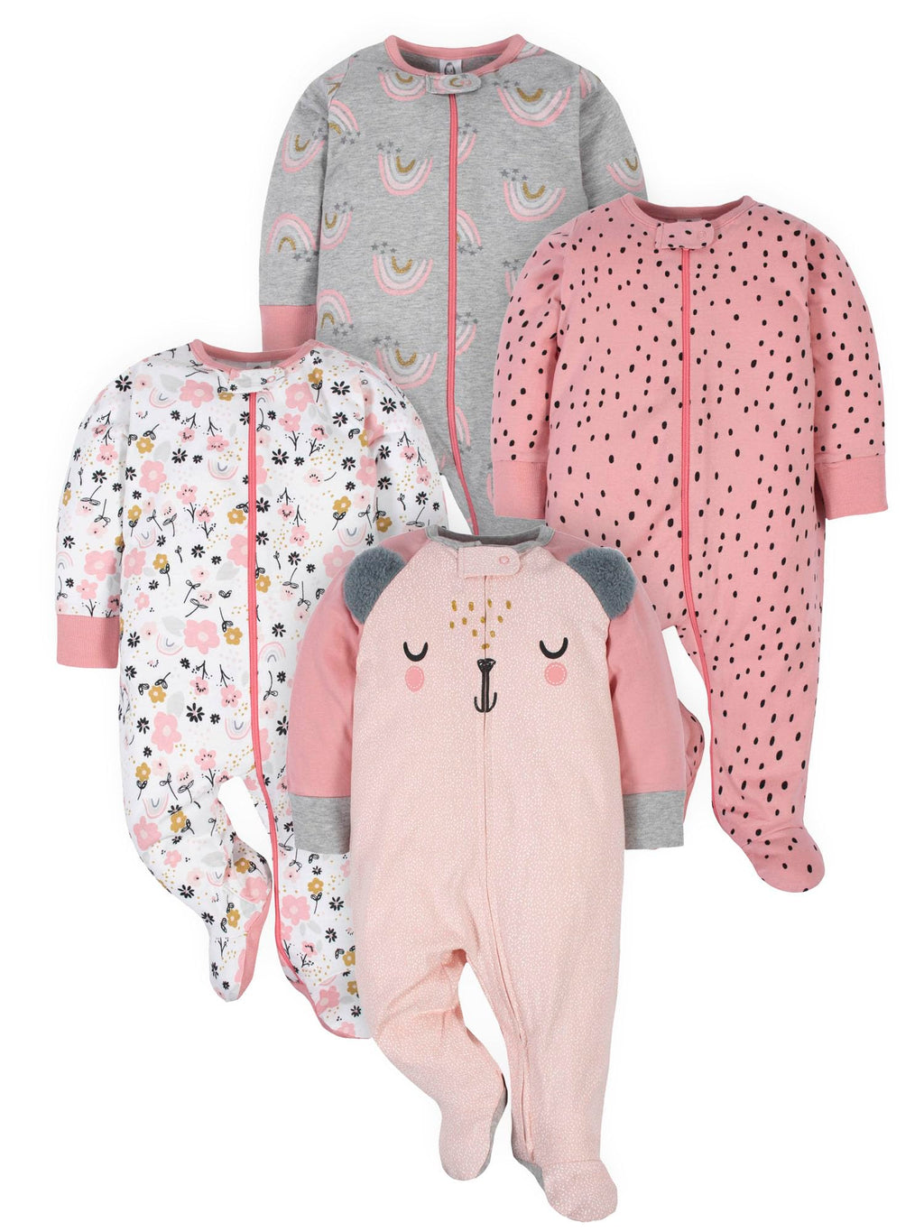 Gerber Baby Girls 4 Pack 'N Play Footie And Toddler Sleepers, Bear Pink, 0-3 Months US