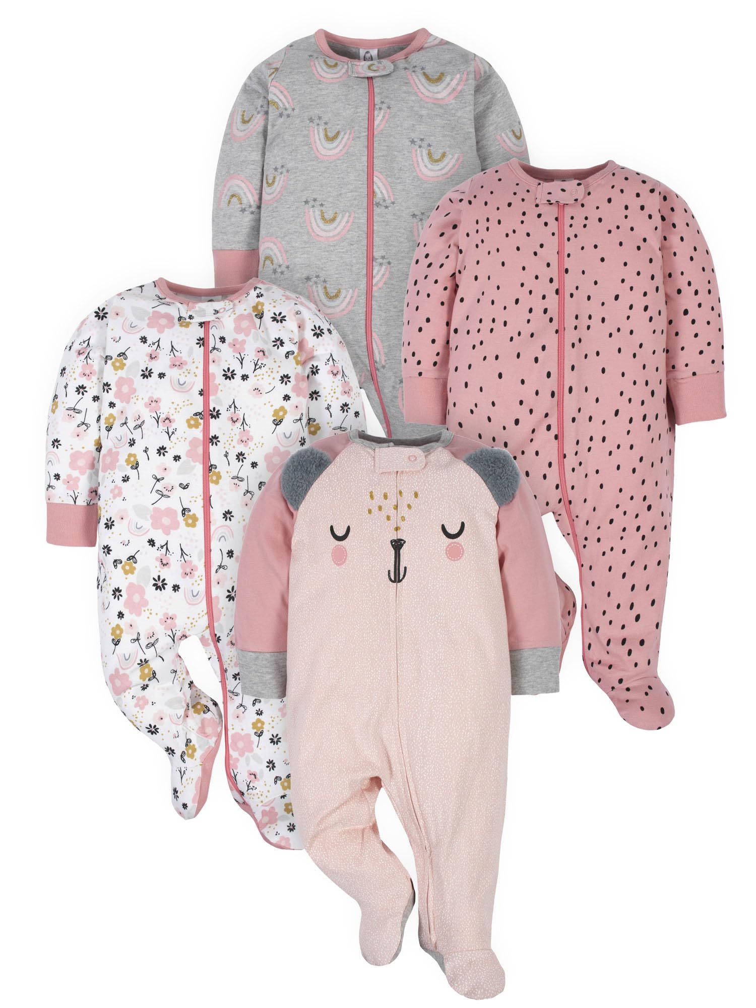 Gerber Baby Girls 4 Pack 'N Play Footie And Toddler Sleepers, Bear Pink, 0-3 Months US