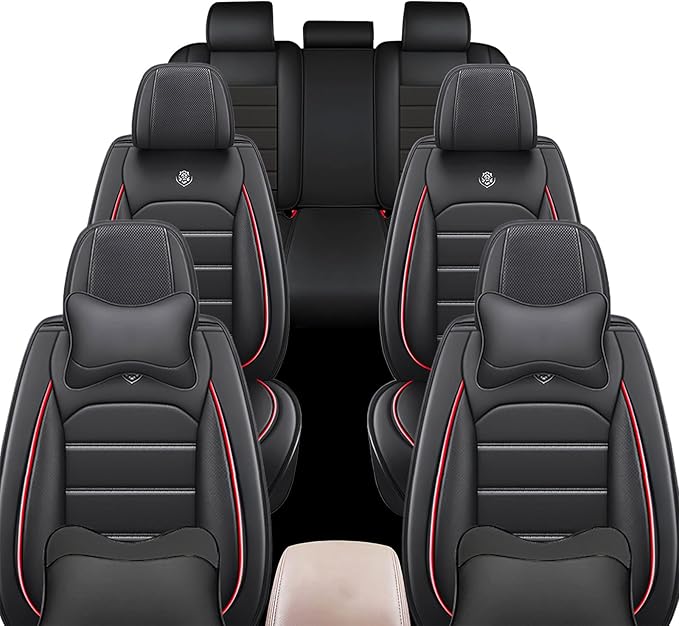 JOJ Car Seat Cover Fit for Toyota Highlander 2001-2025,7 Seat Car Seat Cover,No-Slip Waterproof Breathable Faux Leather Automotive Seat Covers Auto Interior Covers,Full Set with Pillow,Black Red