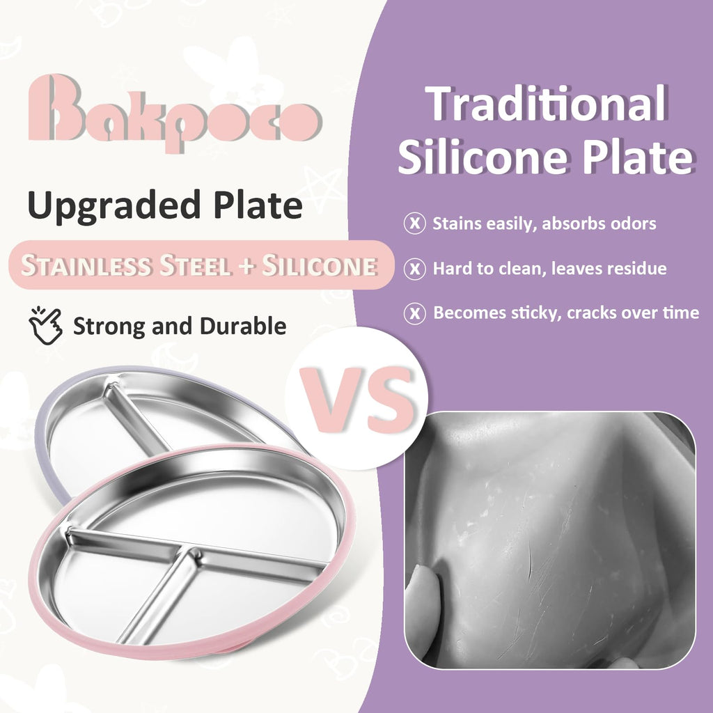 Bakpoco Stainless Steel Suction Plates for Toddlers, 9" Divided Kids Baby Plates with Removable Silicone Suction, Non Toxic Non Slip Portion Control Snack Dishes 3 Packs, Pink Beige Lilac