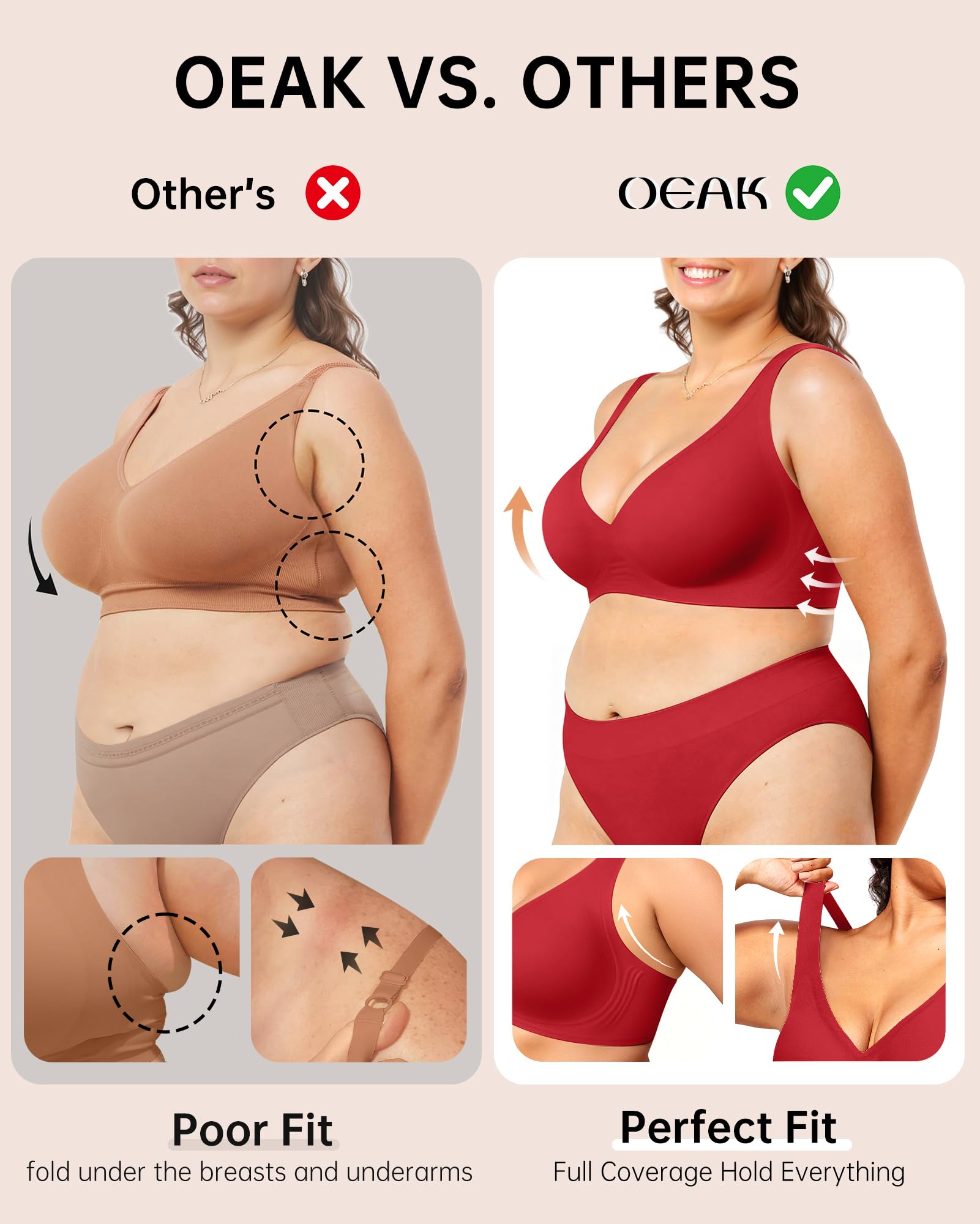 OEAK Womens Deep V Bras Wireless Comfortable Bra Supportive No Underwire Bras Tshirt Push Up Bralettes Plunge Seamless Bra Red M