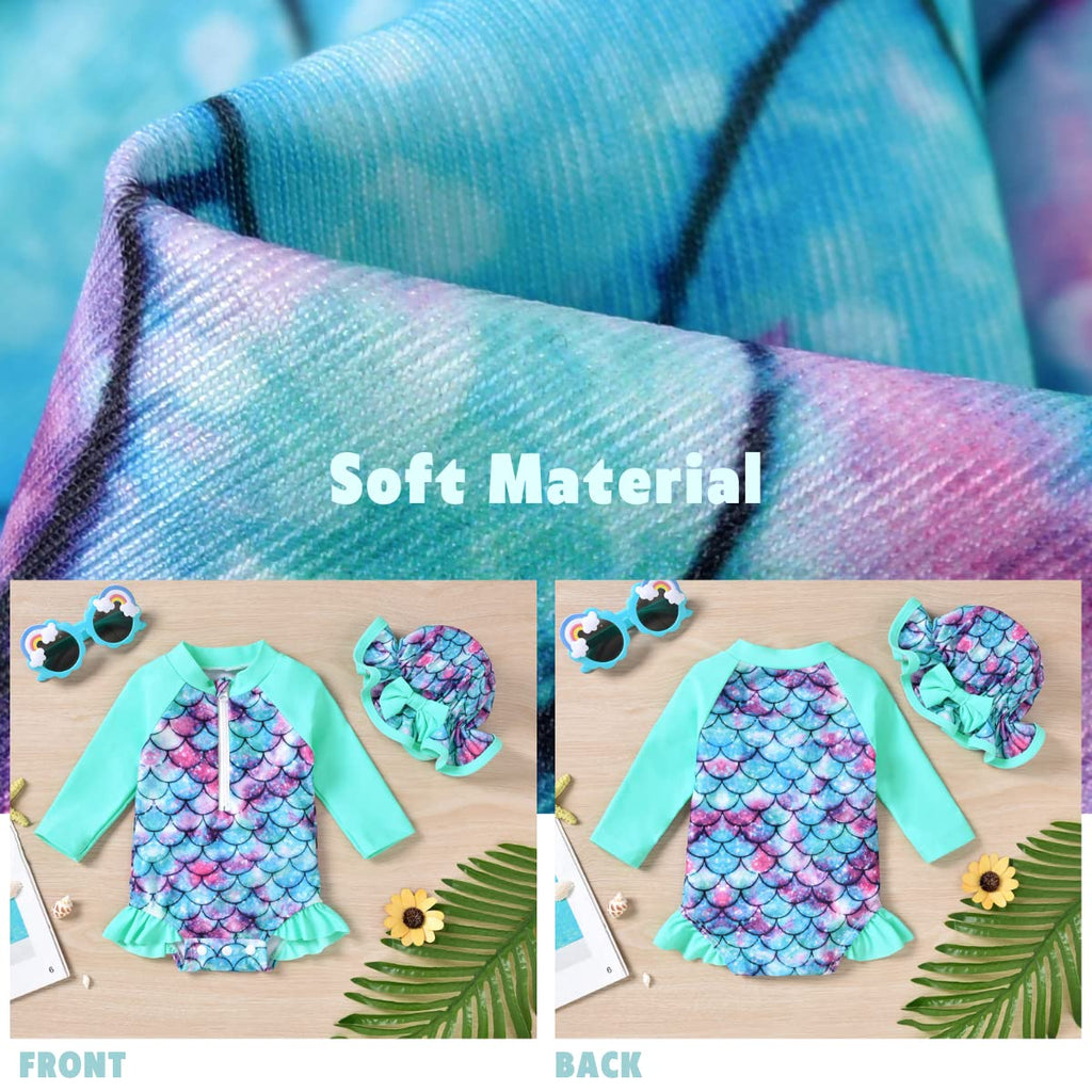 Newborn Infant Baby Girls One Piece Long Sleeve Swimsuit Mermaid Bathing Suit Zip Up Swimwear Beach Wear 0-3 Months Cyan