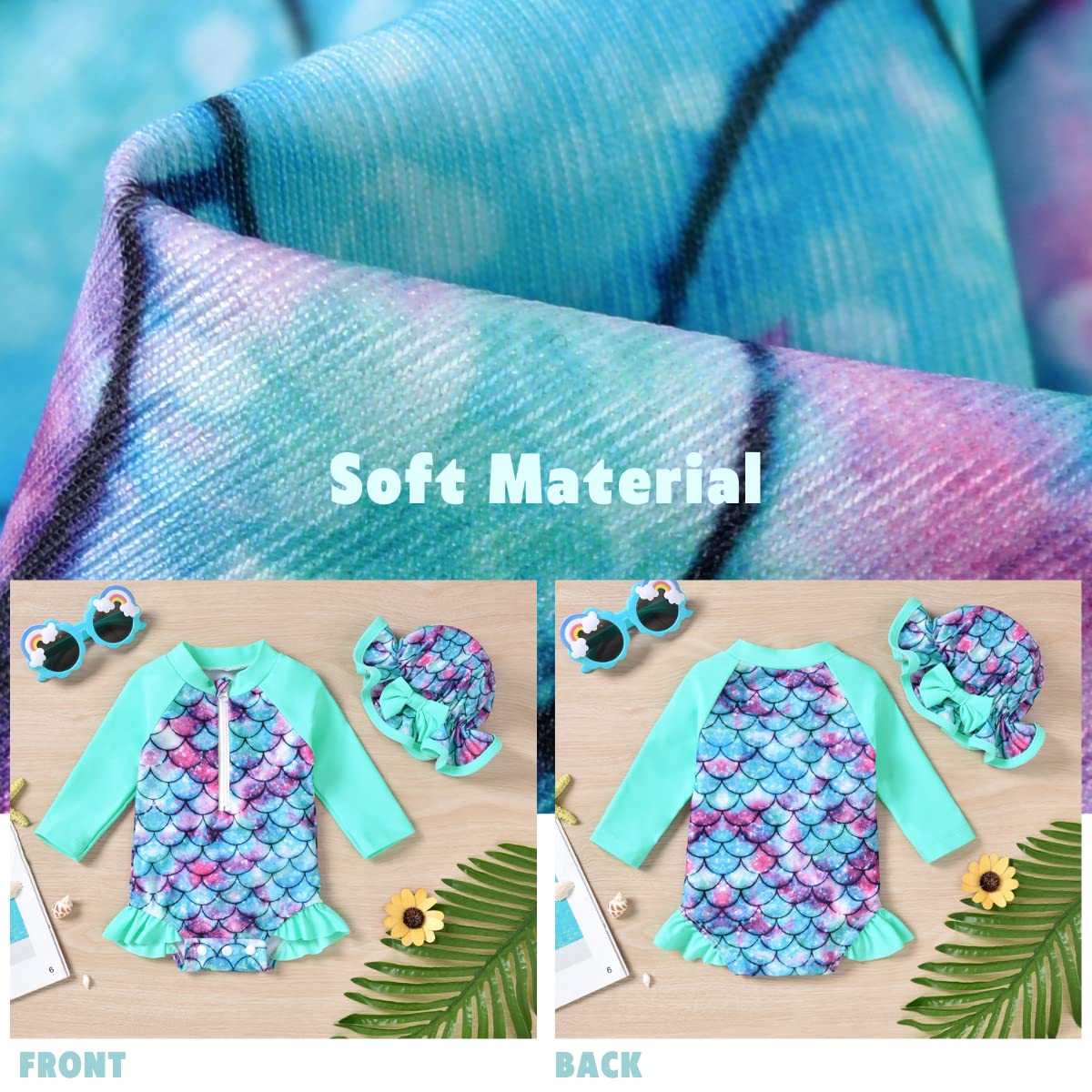 Newborn Infant Baby Girls One Piece Long Sleeve Swimsuit Mermaid Bathing Suit Zip Up Swimwear Beach Wear 0-3 Months Cyan